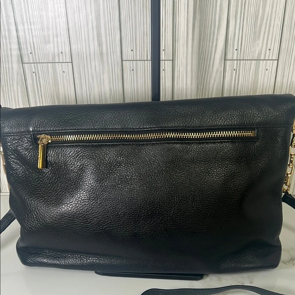 Tory Burch Bombe Fold-Over Crossbody/Clutch Black Pebbled Leather Bag